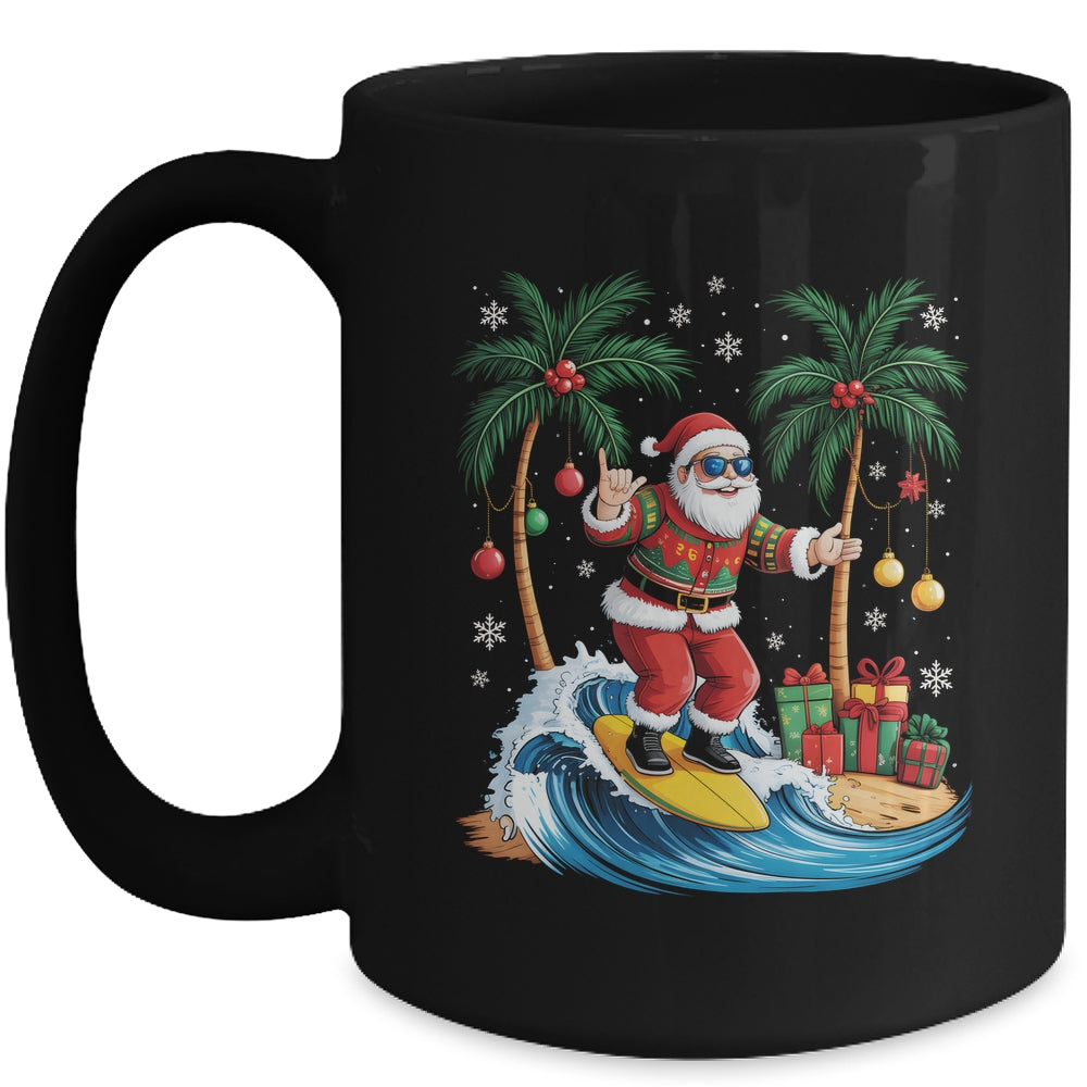 Tropical Christmas Palm Tree Surfing Hawaiian Santa Hawaii Mug | siriusteestore
