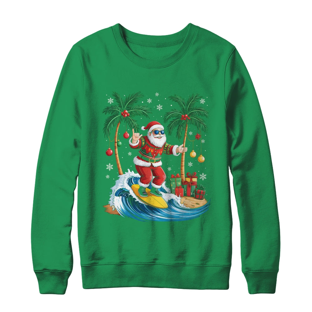 Tropical Christmas Palm Tree Surfing Hawaiian Santa Hawaii Shirt & Sweatshirt | siriusteestore