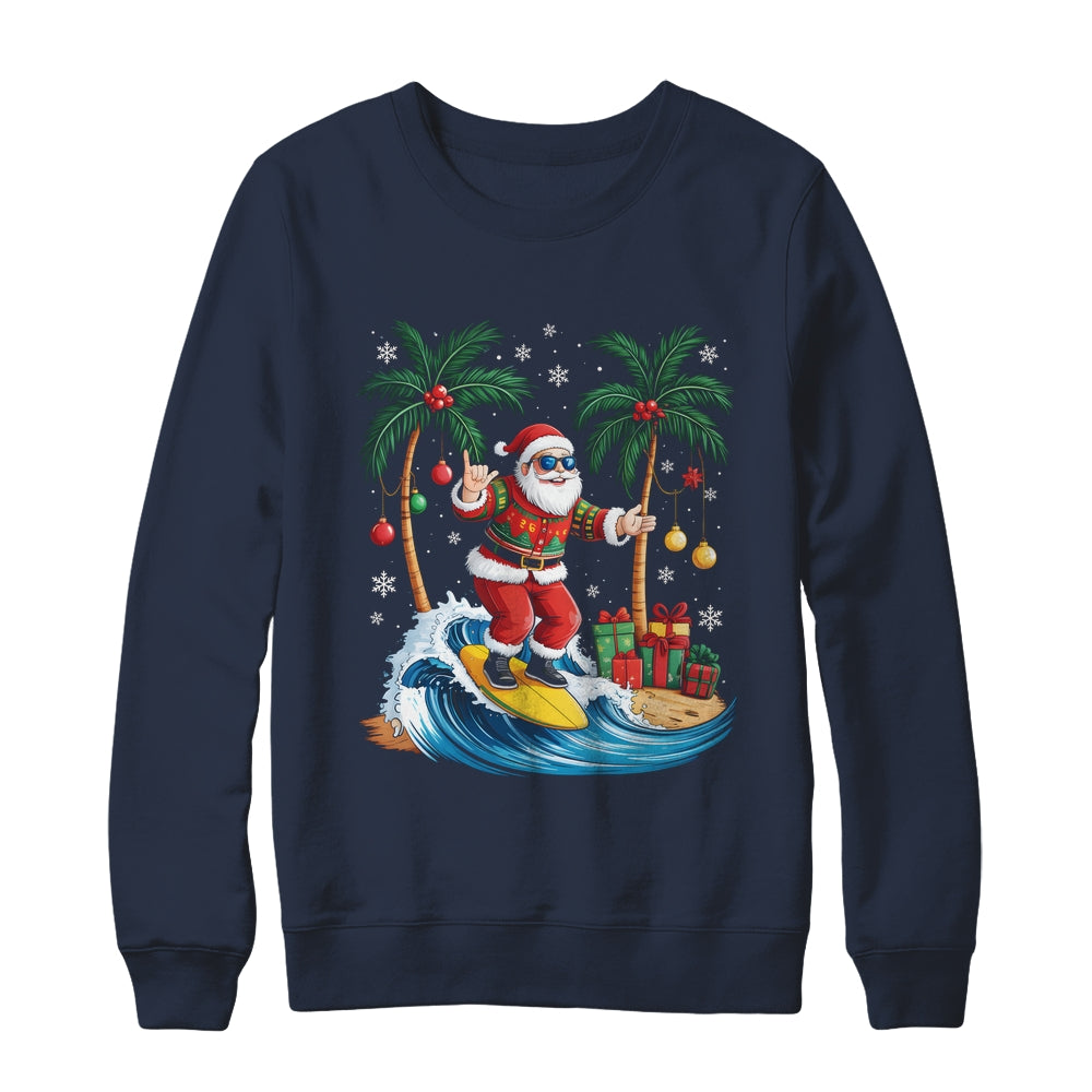 Tropical Christmas Palm Tree Surfing Hawaiian Santa Hawaii Shirt & Sweatshirt | siriusteestore