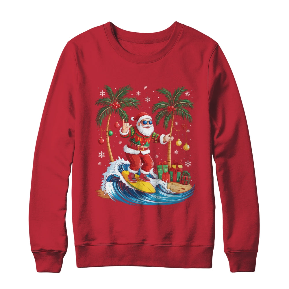 Tropical Christmas Palm Tree Surfing Hawaiian Santa Hawaii Shirt & Sweatshirt | siriusteestore