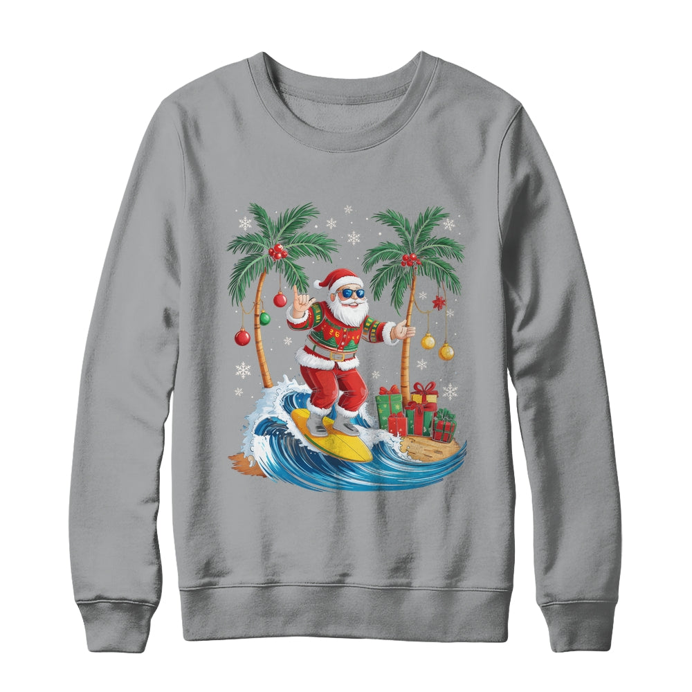 Tropical Christmas Palm Tree Surfing Hawaiian Santa Hawaii Shirt & Sweatshirt | siriusteestore