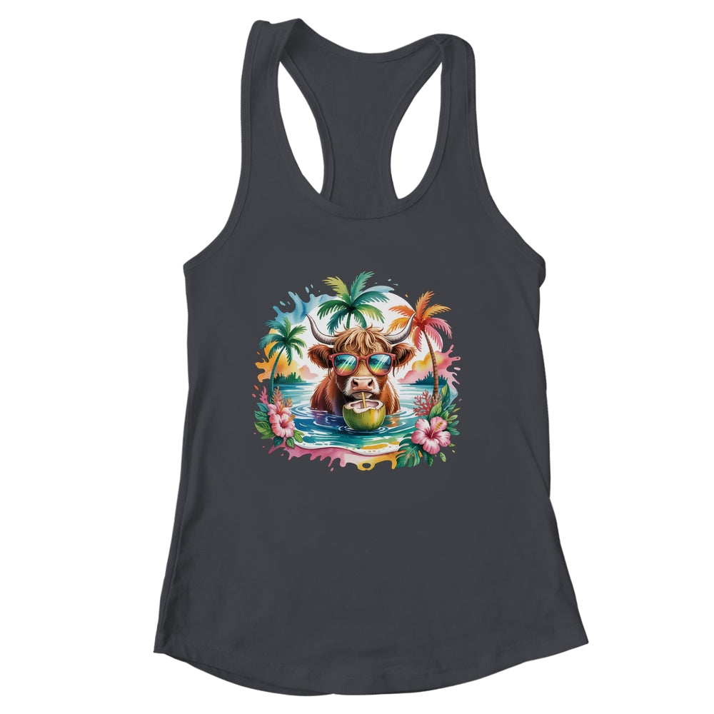 Tropical Highland Cow Summer Vibes Funny Beach Girls Women Shirt & Tank Top | siriusteestore