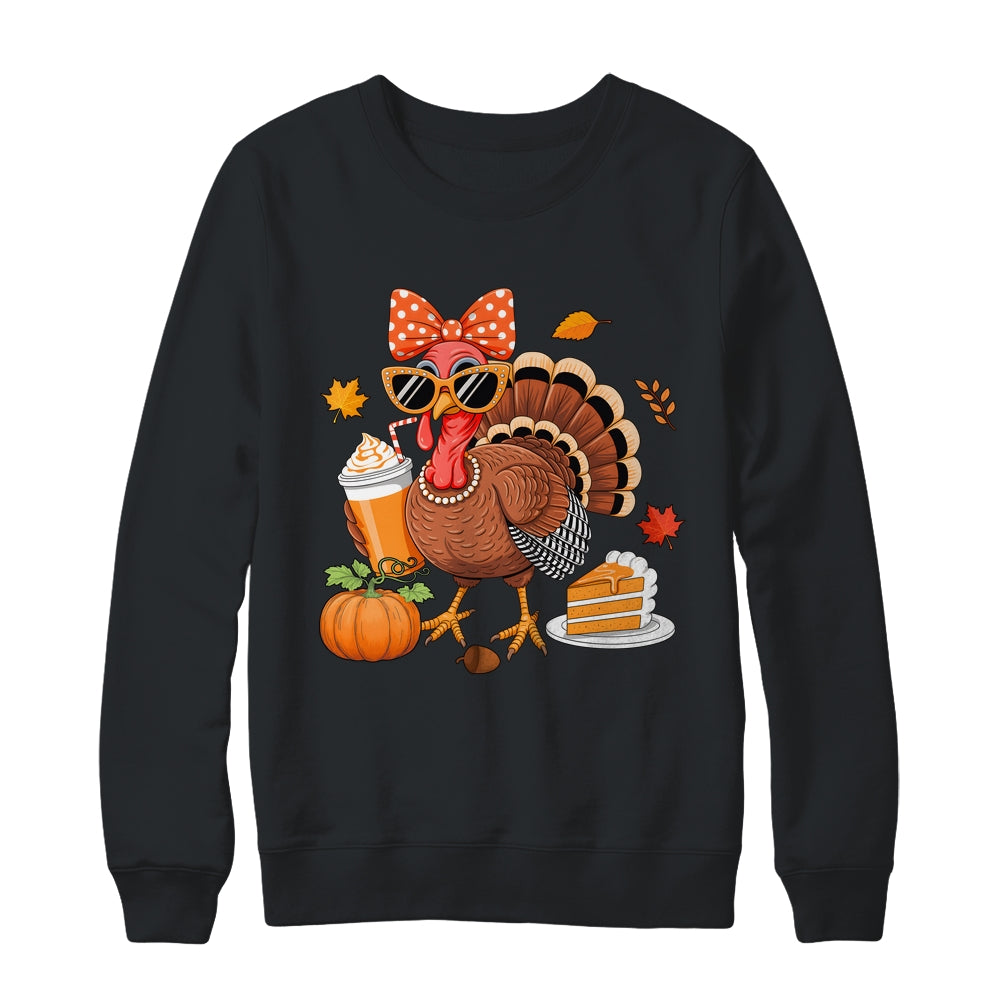 Turkey Drinking Coffee Bow Thanksgiving Womens Turkey Day Shirt & Sweatshirt | siriusteestore