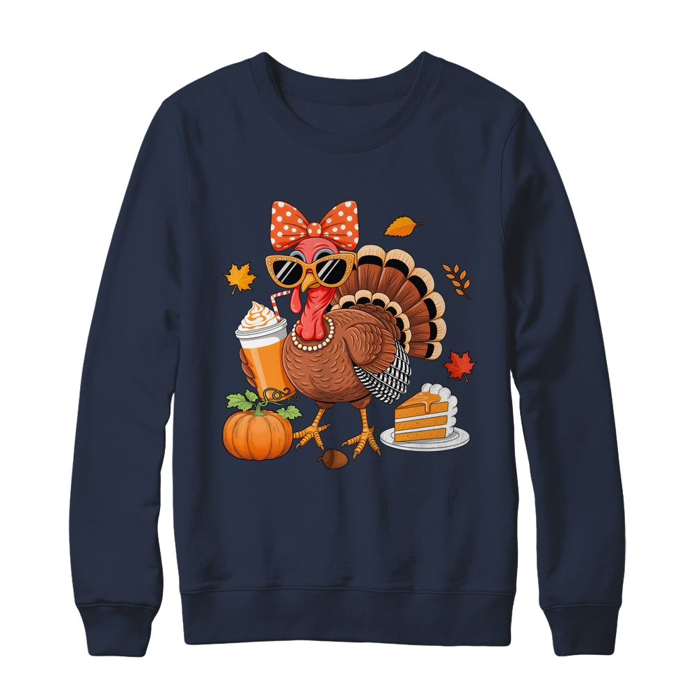 Turkey Drinking Coffee Bow Thanksgiving Womens Turkey Day Shirt & Sweatshirt | siriusteestore