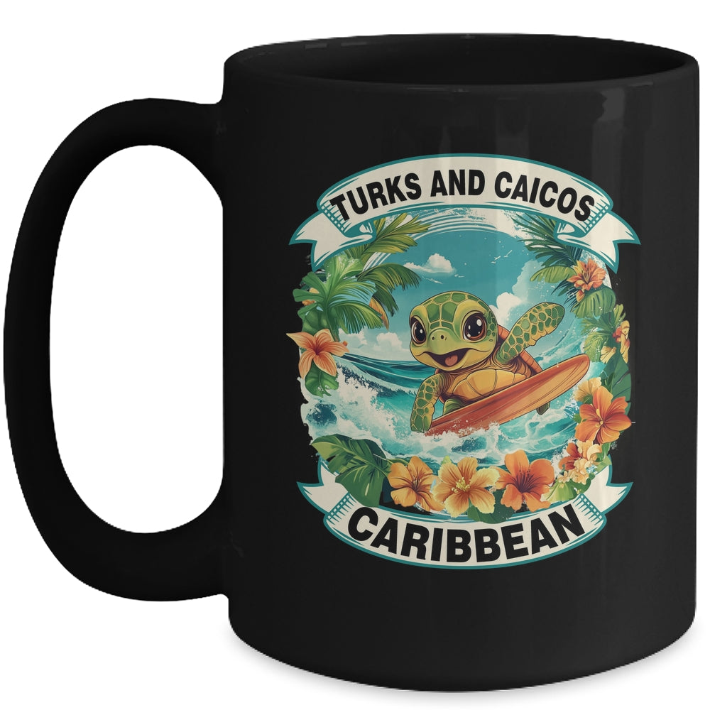 Turks And Caicos Caribbean Cute Sea Turtle Surfing Summer Vacation Mug | siriusteestore