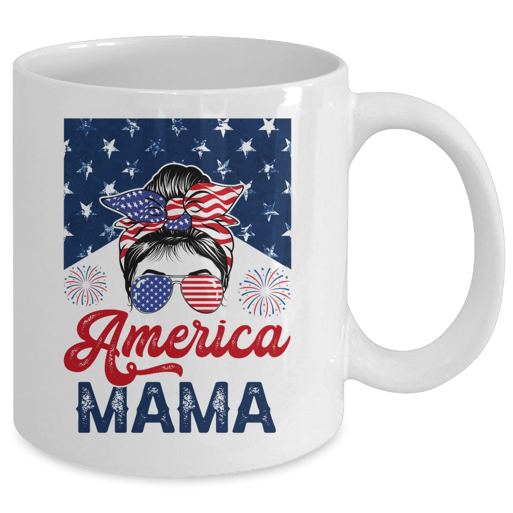 USA American Mama Proud Mom Messy Bun Patriotic 4th Of July Mug | siriusteestore
