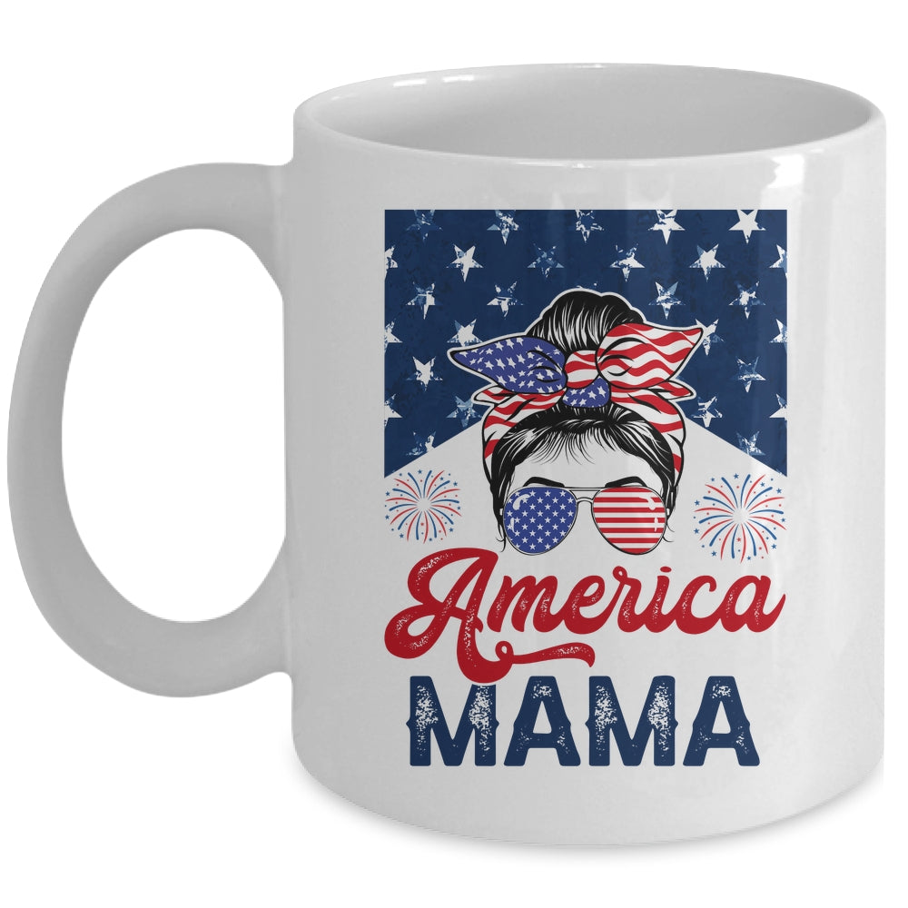 USA American Mama Proud Mom Messy Bun Patriotic 4th Of July Mug | siriusteestore