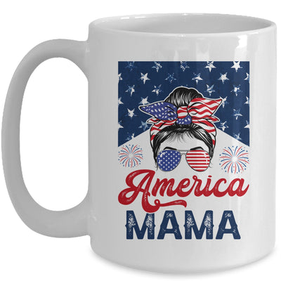 USA American Mama Proud Mom Messy Bun Patriotic 4th Of July Mug | siriusteestore