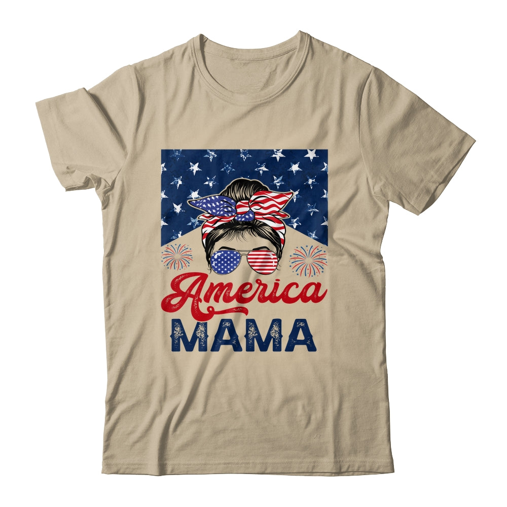 USA American Mama Proud Mom Messy Bun Patriotic 4th Of July Shirt & Tank Top | siriusteestore