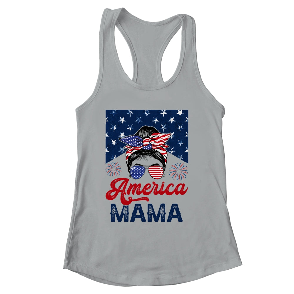 USA American Mama Proud Mom Messy Bun Patriotic 4th Of July Shirt & Tank Top | siriusteestore