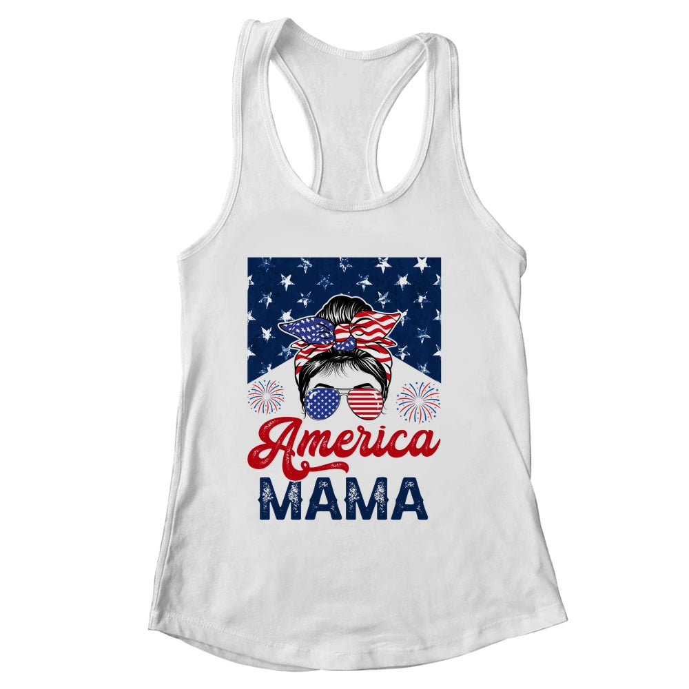 USA American Mama Proud Mom Messy Bun Patriotic 4th Of July Shirt & Tank Top | siriusteestore