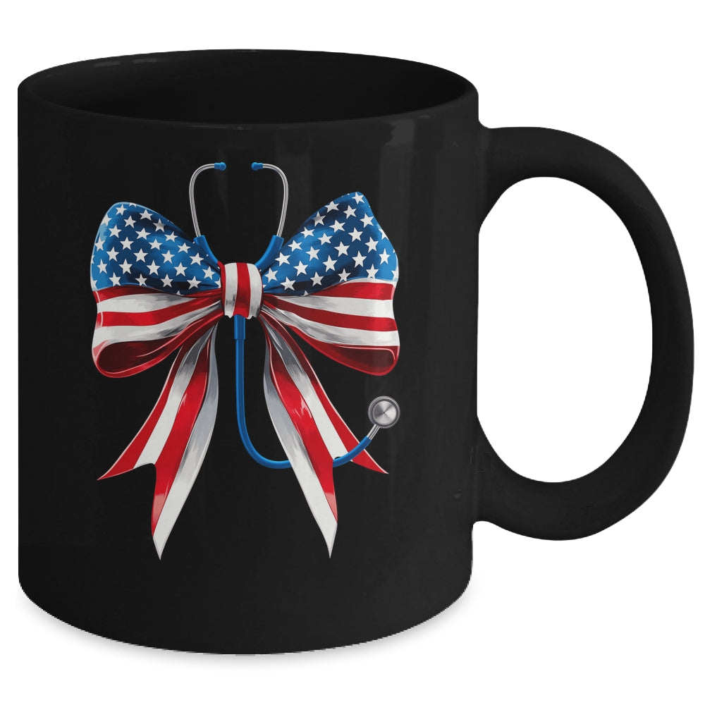 USA Flag Stethoscope Coquette Bow CNA RN Nurse 4th Of July Mug | siriusteestore