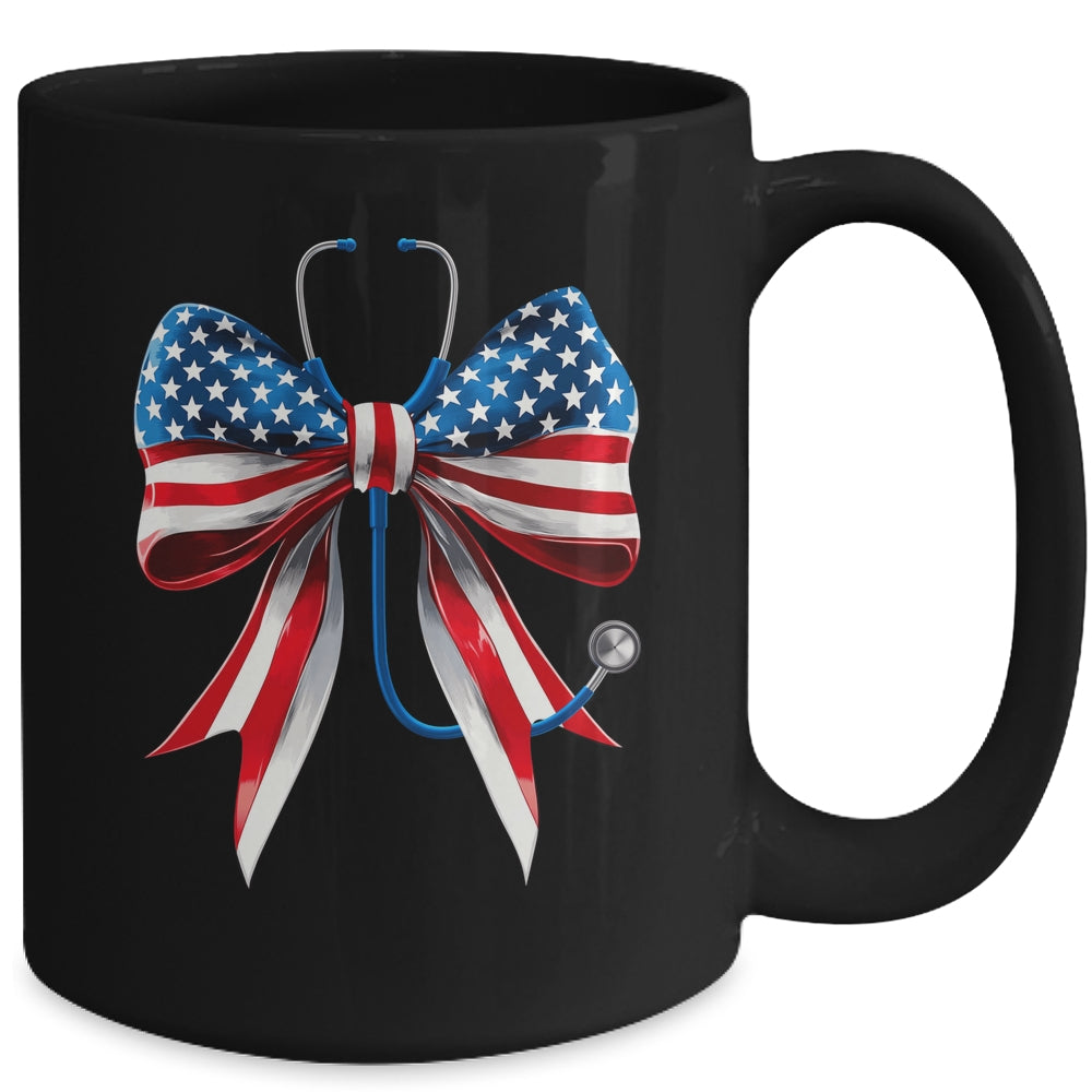 USA Flag Stethoscope Coquette Bow CNA RN Nurse 4th Of July Mug | siriusteestore