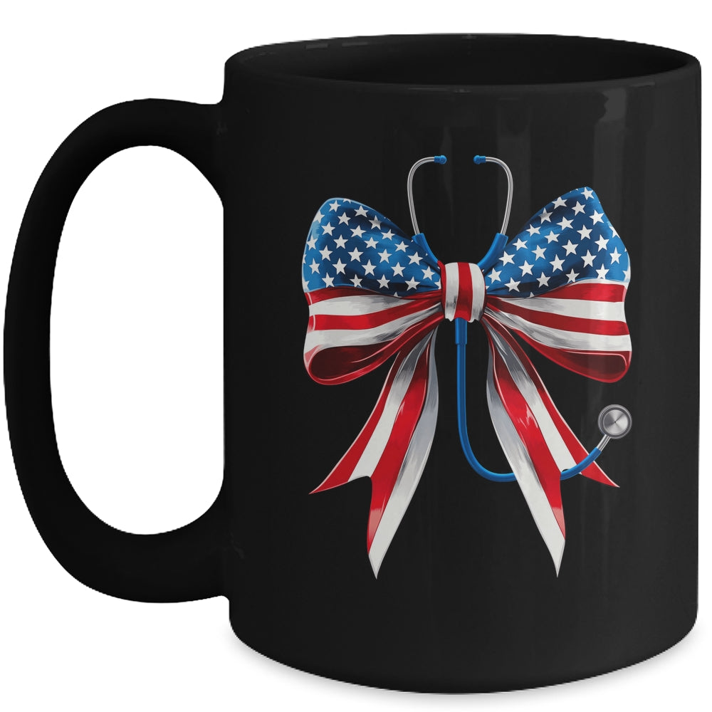 USA Flag Stethoscope Coquette Bow CNA RN Nurse 4th Of July Mug | siriusteestore