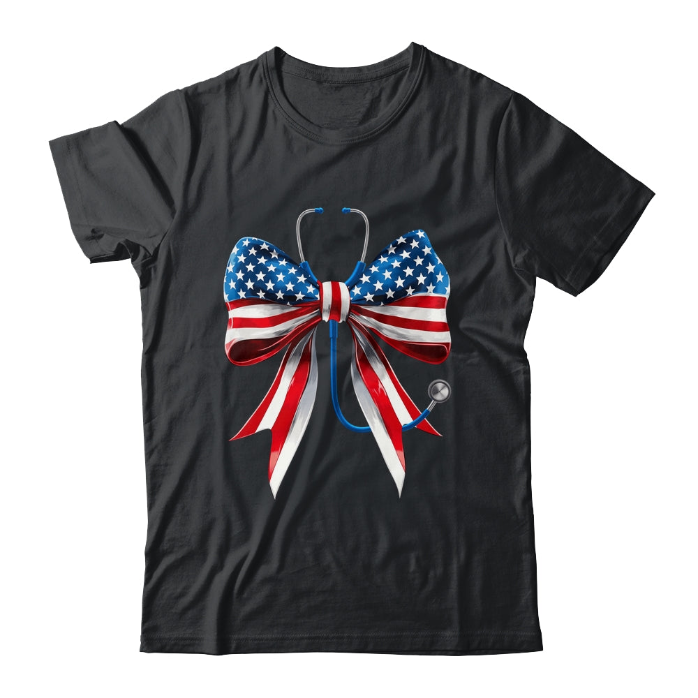 USA Flag Stethoscope Coquette Bow CNA RN Nurse 4th Of July Shirt & Tank Top | siriusteestore