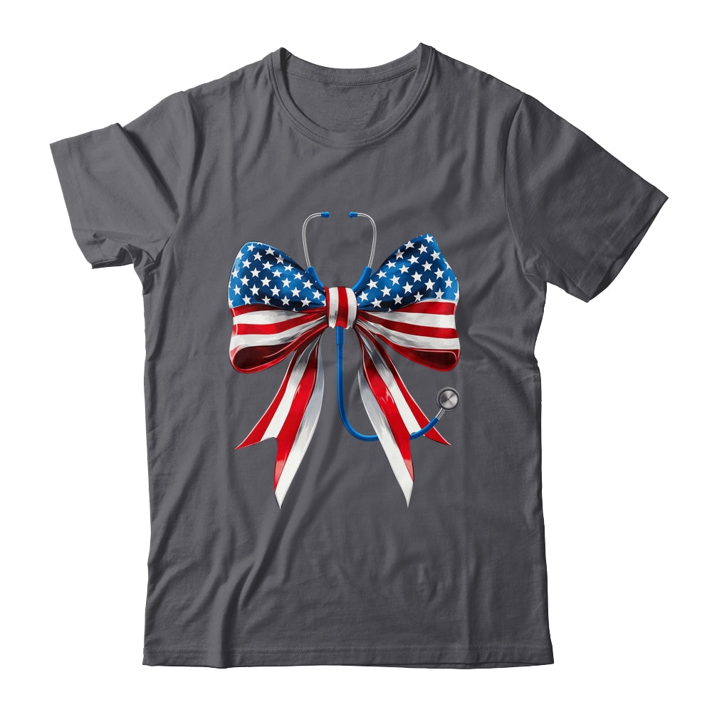 USA Flag Stethoscope Coquette Bow CNA RN Nurse 4th Of July Shirt & Tank Top | siriusteestore