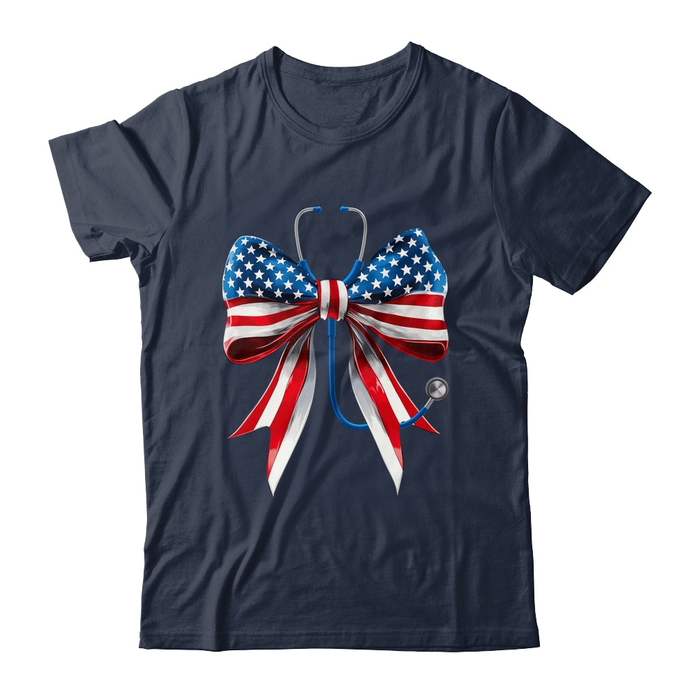 USA Flag Stethoscope Coquette Bow CNA RN Nurse 4th Of July Shirt & Tank Top | siriusteestore