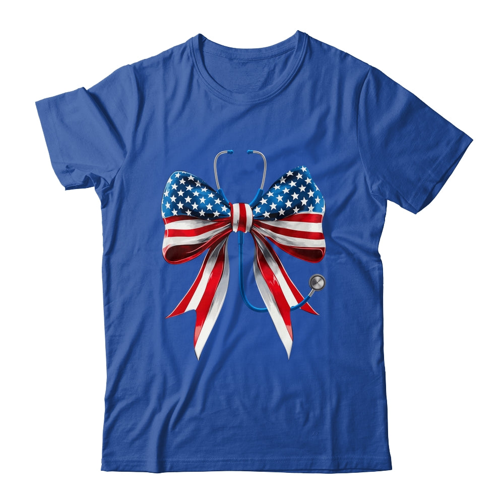 USA Flag Stethoscope Coquette Bow CNA RN Nurse 4th Of July Shirt & Tank Top | siriusteestore