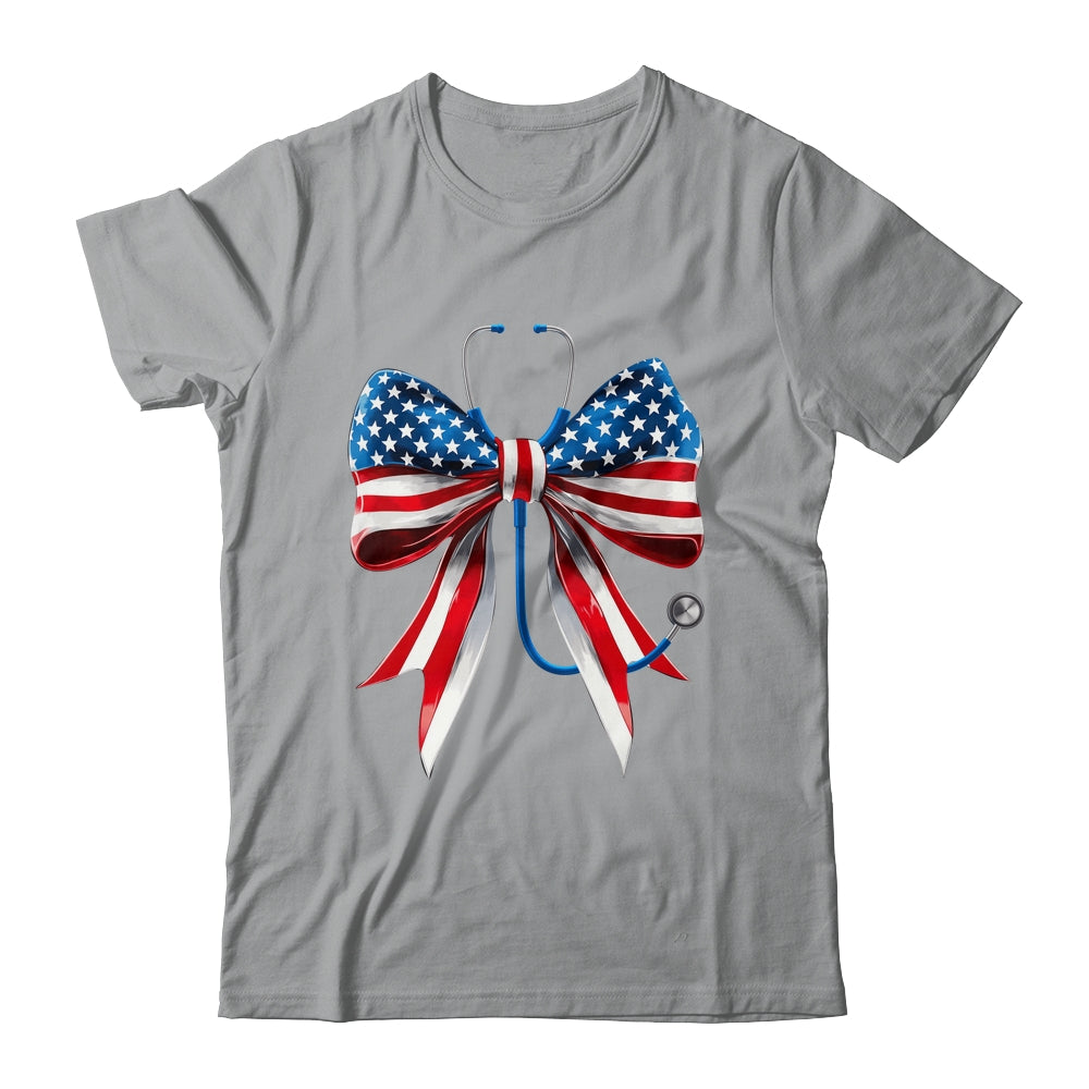 USA Flag Stethoscope Coquette Bow CNA RN Nurse 4th Of July Shirt & Tank Top | siriusteestore