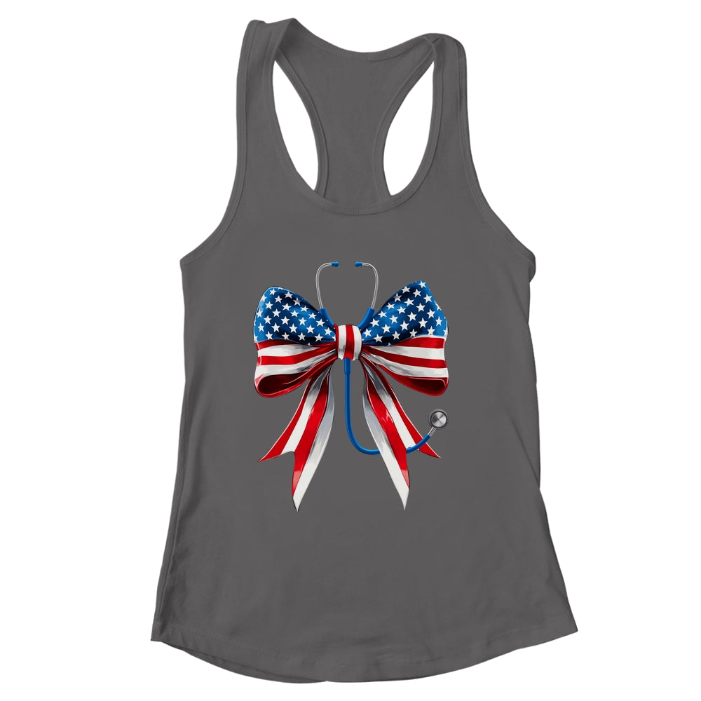 USA Flag Stethoscope Coquette Bow CNA RN Nurse 4th Of July Shirt & Tank Top | siriusteestore