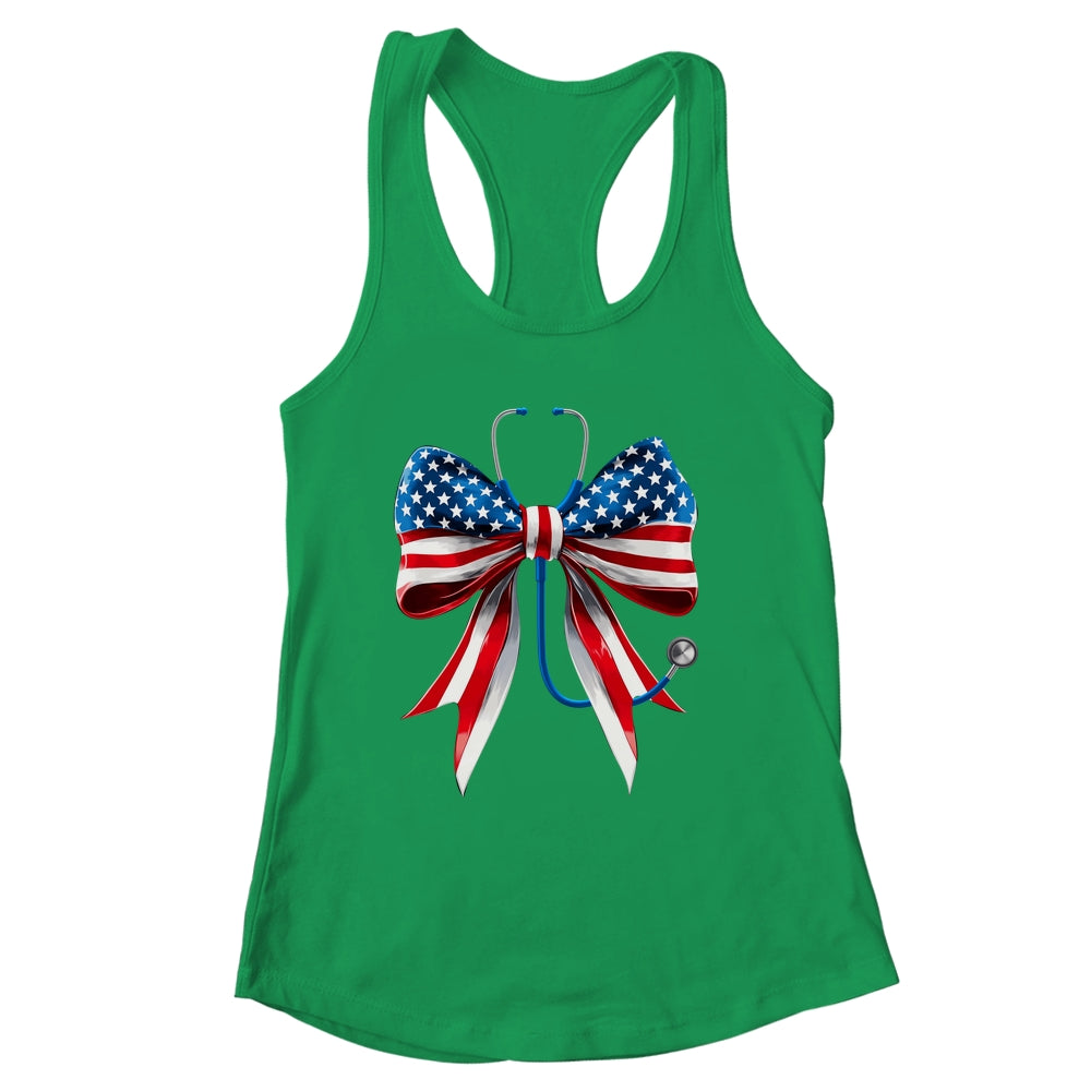 USA Flag Stethoscope Coquette Bow CNA RN Nurse 4th Of July Shirt & Tank Top | siriusteestore