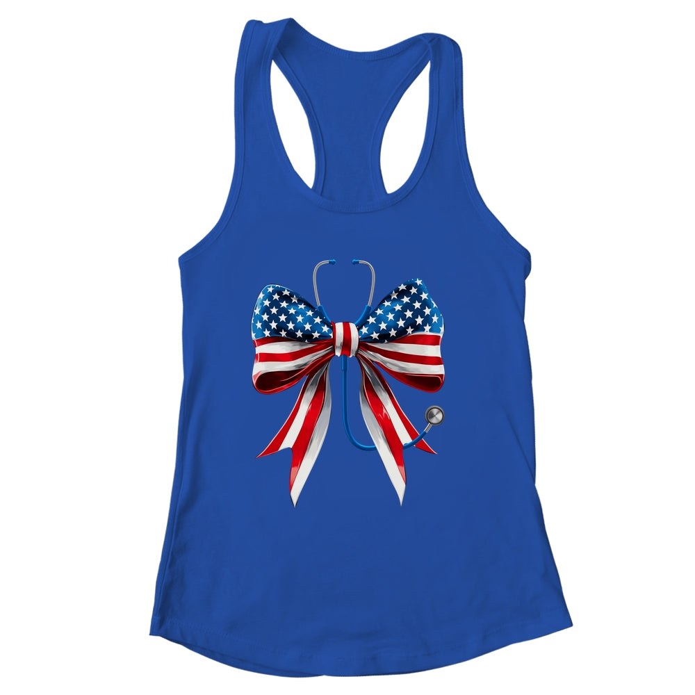 USA Flag Stethoscope Coquette Bow CNA RN Nurse 4th Of July Shirt & Tank Top | siriusteestore
