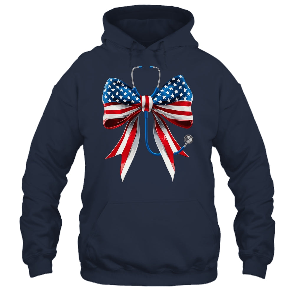 USA Flag Stethoscope Coquette Bow CNA RN Nurse 4th Of July Shirt & Tank Top | siriusteestore