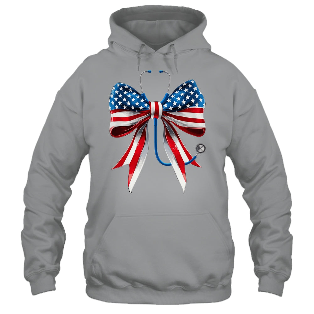 USA Flag Stethoscope Coquette Bow CNA RN Nurse 4th Of July Shirt & Tank Top | siriusteestore