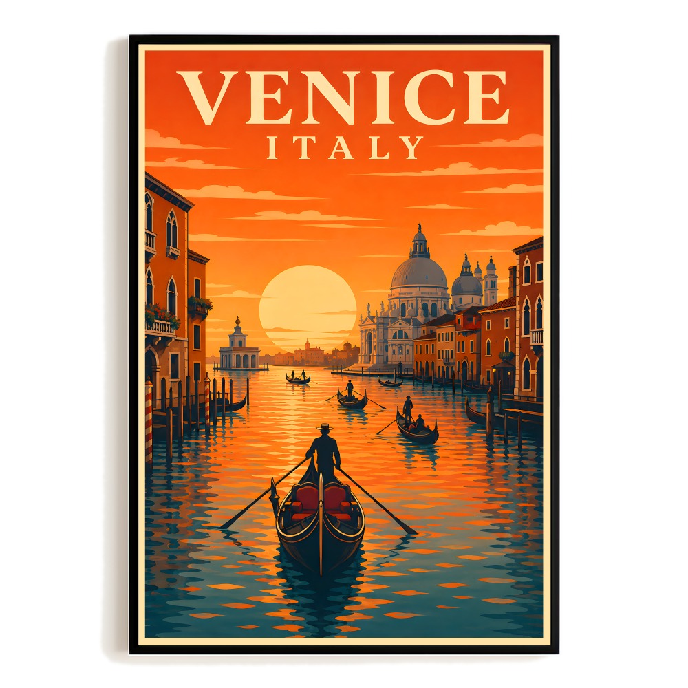 Venice Italy Travel Poster Vintage Gondola Canal Sunset Wall Art Landscape Print Painting Picture Ideal For Family Home Living Room Office Bedroom Decor Unframed | siriusteestore