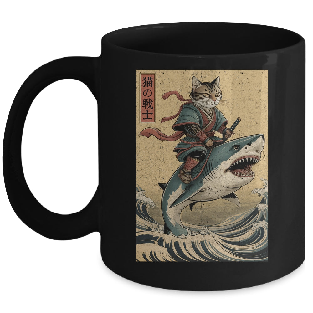 Vintage Anime Cat Japanese Funny Samurai Cat Riding Shark Men Women Mug | siriusteestore