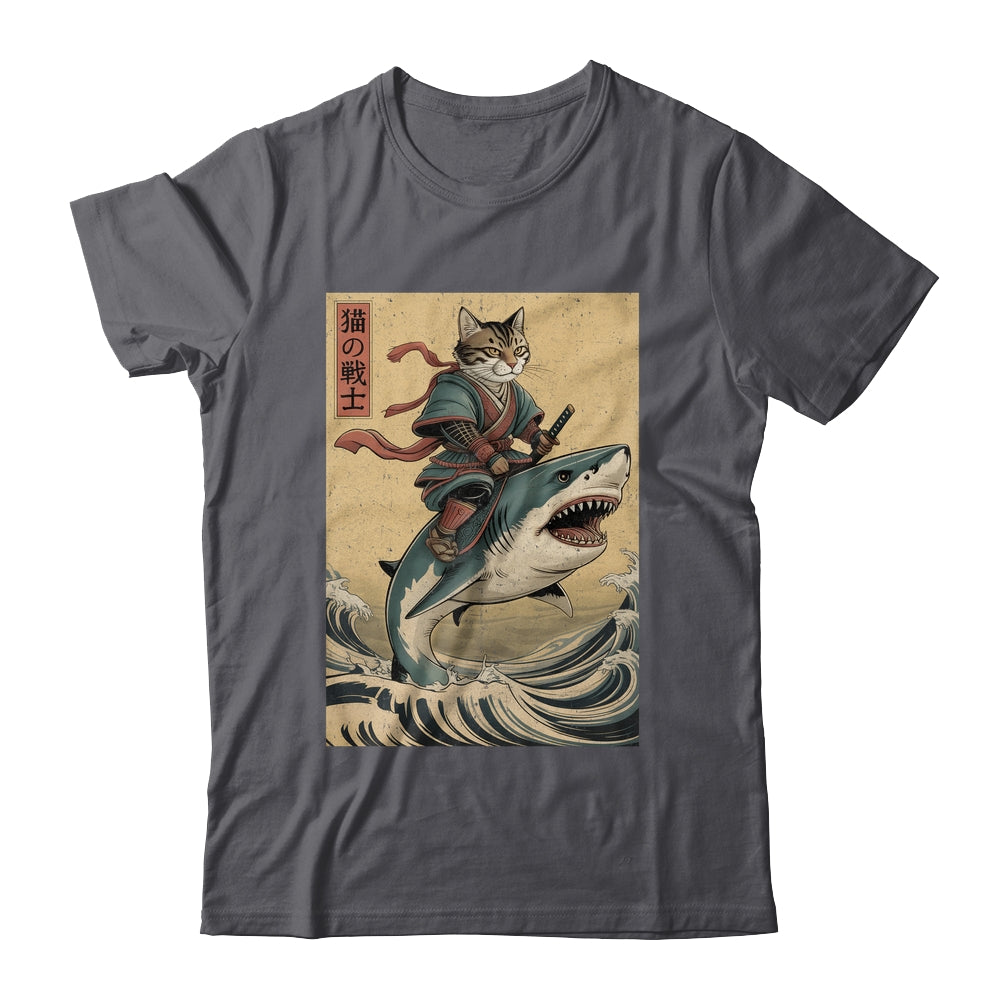 Vintage Anime Cat Japanese Funny Samurai Cat Riding Shark Men Women Shirt & Hoodie | siriusteestore