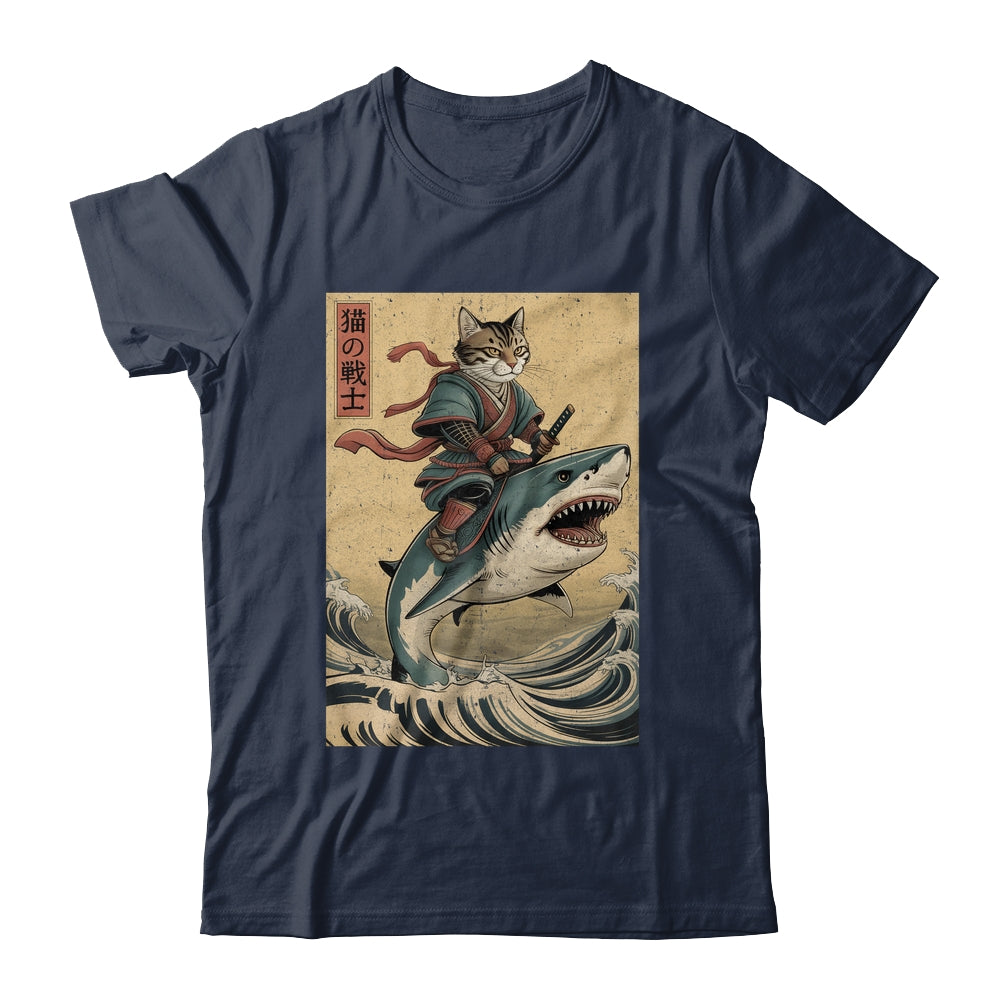 Vintage Anime Cat Japanese Funny Samurai Cat Riding Shark Men Women Shirt & Hoodie | siriusteestore