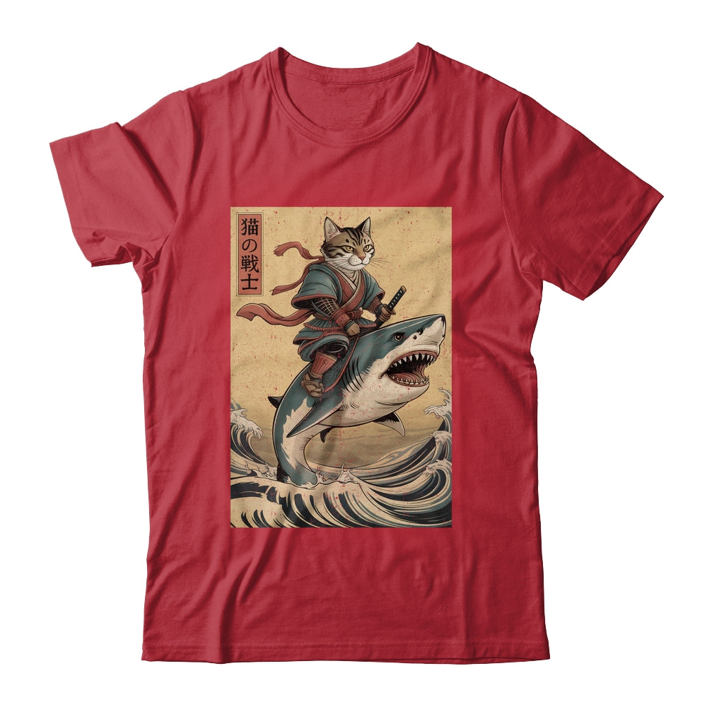 Vintage Anime Cat Japanese Funny Samurai Cat Riding Shark Men Women Shirt & Hoodie | siriusteestore
