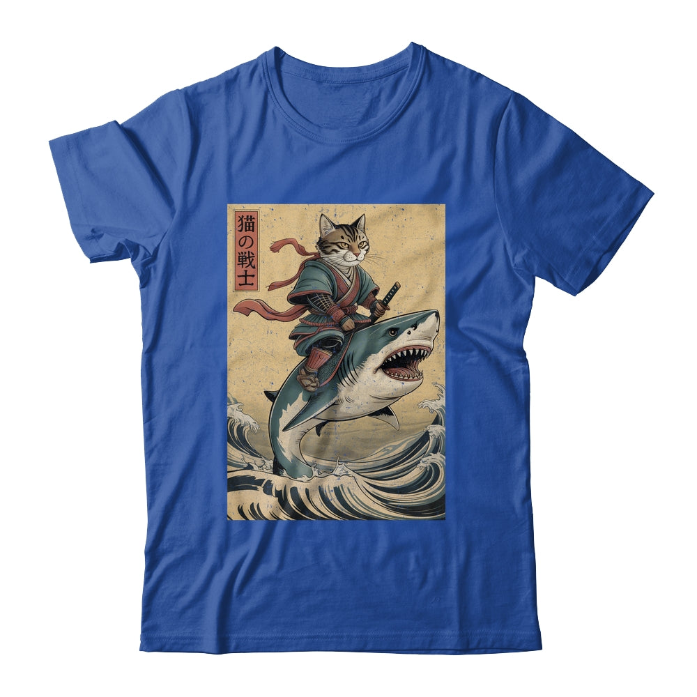 Vintage Anime Cat Japanese Funny Samurai Cat Riding Shark Men Women Shirt & Hoodie | siriusteestore