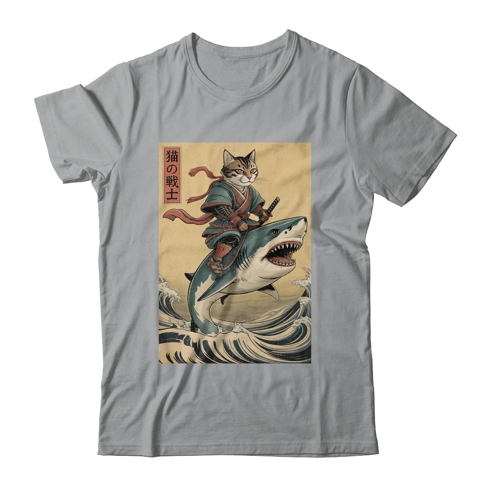 Vintage Anime Cat Japanese Funny Samurai Cat Riding Shark Men Women Shirt & Hoodie | siriusteestore