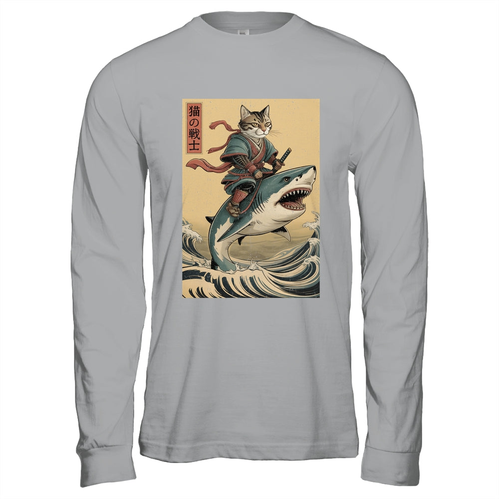 Vintage Anime Cat Japanese Funny Samurai Cat Riding Shark Men Women Shirt & Hoodie | siriusteestore