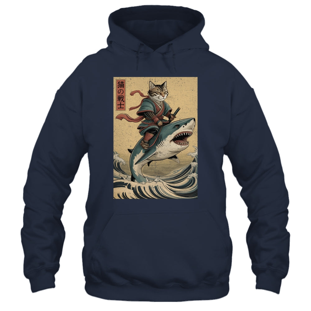 Vintage Anime Cat Japanese Funny Samurai Cat Riding Shark Men Women Shirt & Hoodie | siriusteestore