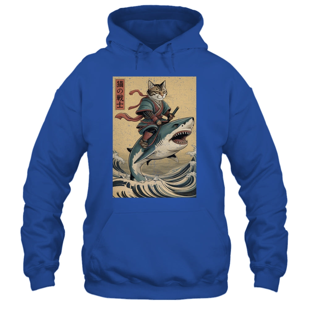 Vintage Anime Cat Japanese Funny Samurai Cat Riding Shark Men Women Shirt & Hoodie | siriusteestore