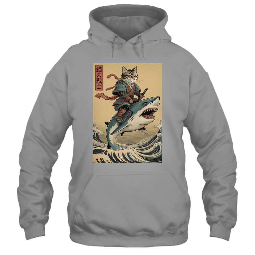 Vintage Anime Cat Japanese Funny Samurai Cat Riding Shark Men Women Shirt & Hoodie | siriusteestore