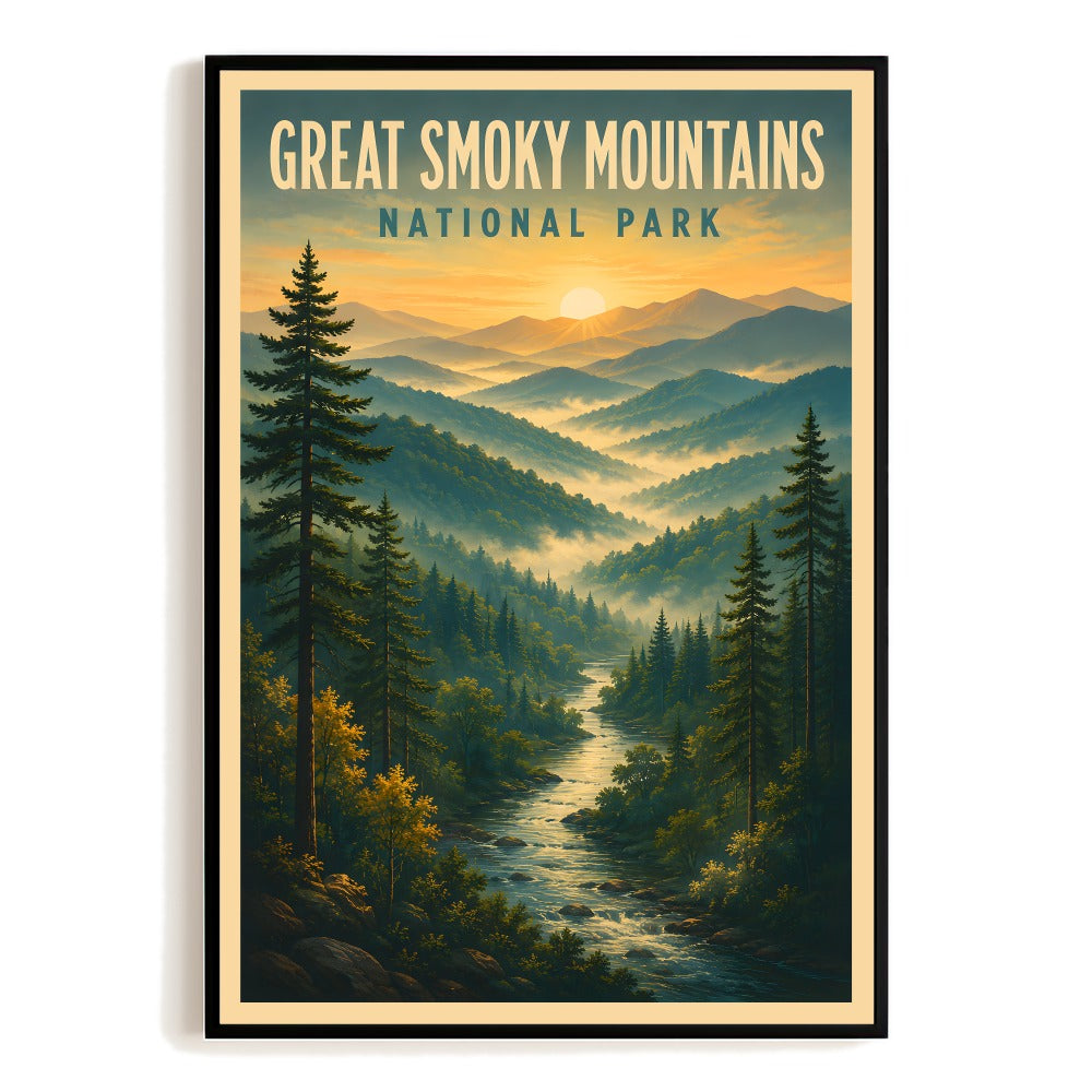 Vintage Great Smoky Mountains National Park Poster Wall Art Retro Mountain Forest Landscape Print Nature Decor For Home Living Room Office Bedroom Cabin Unframed | siriusteestore