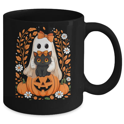 Vintage Halloween Ghost Holding Black Cat Groovy Floral Mug | siriusteestore