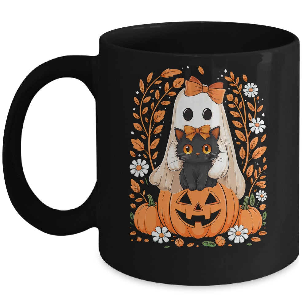 Vintage Halloween Ghost Holding Black Cat Groovy Floral Mug | siriusteestore