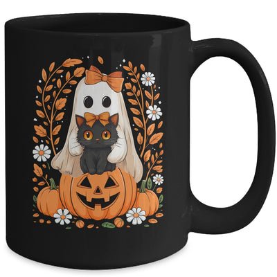 Vintage Halloween Ghost Holding Black Cat Groovy Floral Mug | siriusteestore