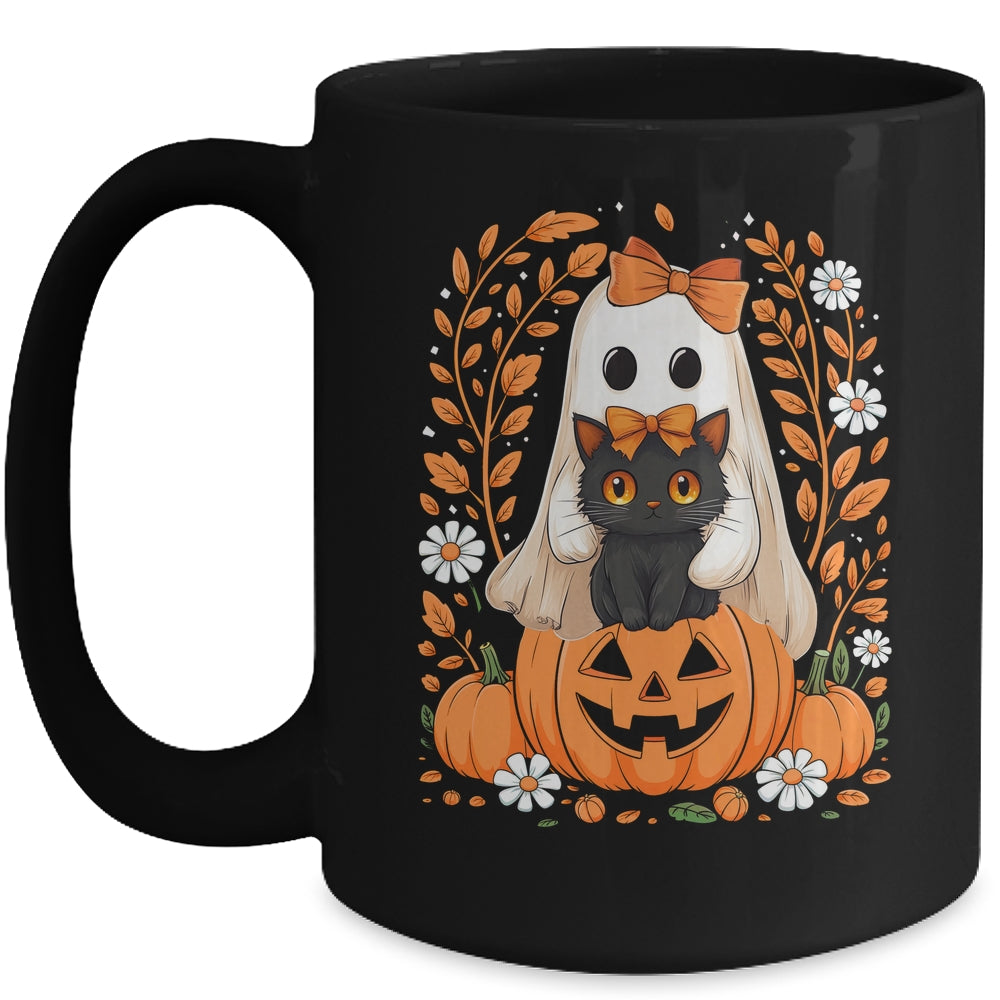 Vintage Halloween Ghost Holding Black Cat Groovy Floral Mug | siriusteestore