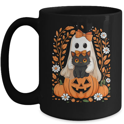 Vintage Halloween Ghost Holding Black Cat Groovy Floral Mug | siriusteestore