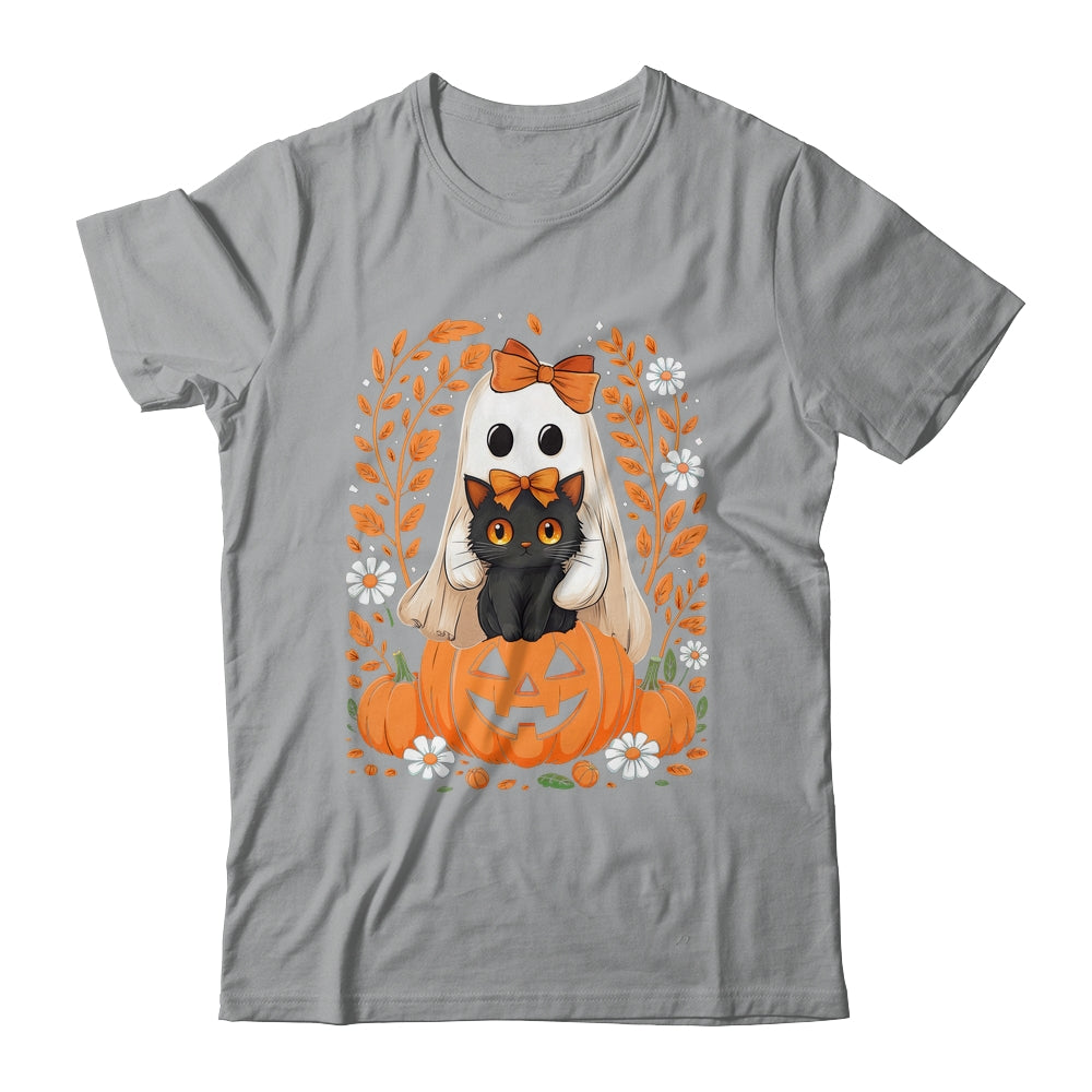 Vintage Halloween Ghost Holding Black Cat Groovy Floral Shirt & Hoodie | siriusteestore