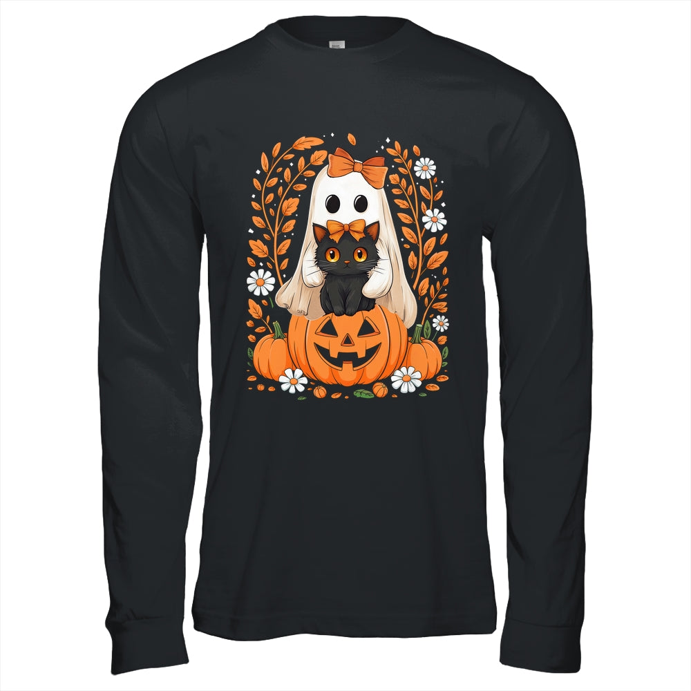 Vintage Halloween Ghost Holding Black Cat Groovy Floral Shirt & Hoodie | siriusteestore