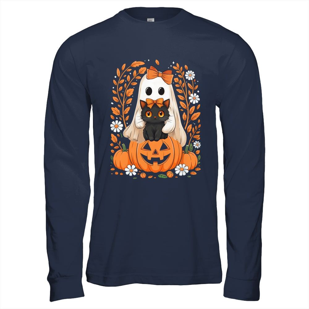 Vintage Halloween Ghost Holding Black Cat Groovy Floral Shirt & Hoodie | siriusteestore