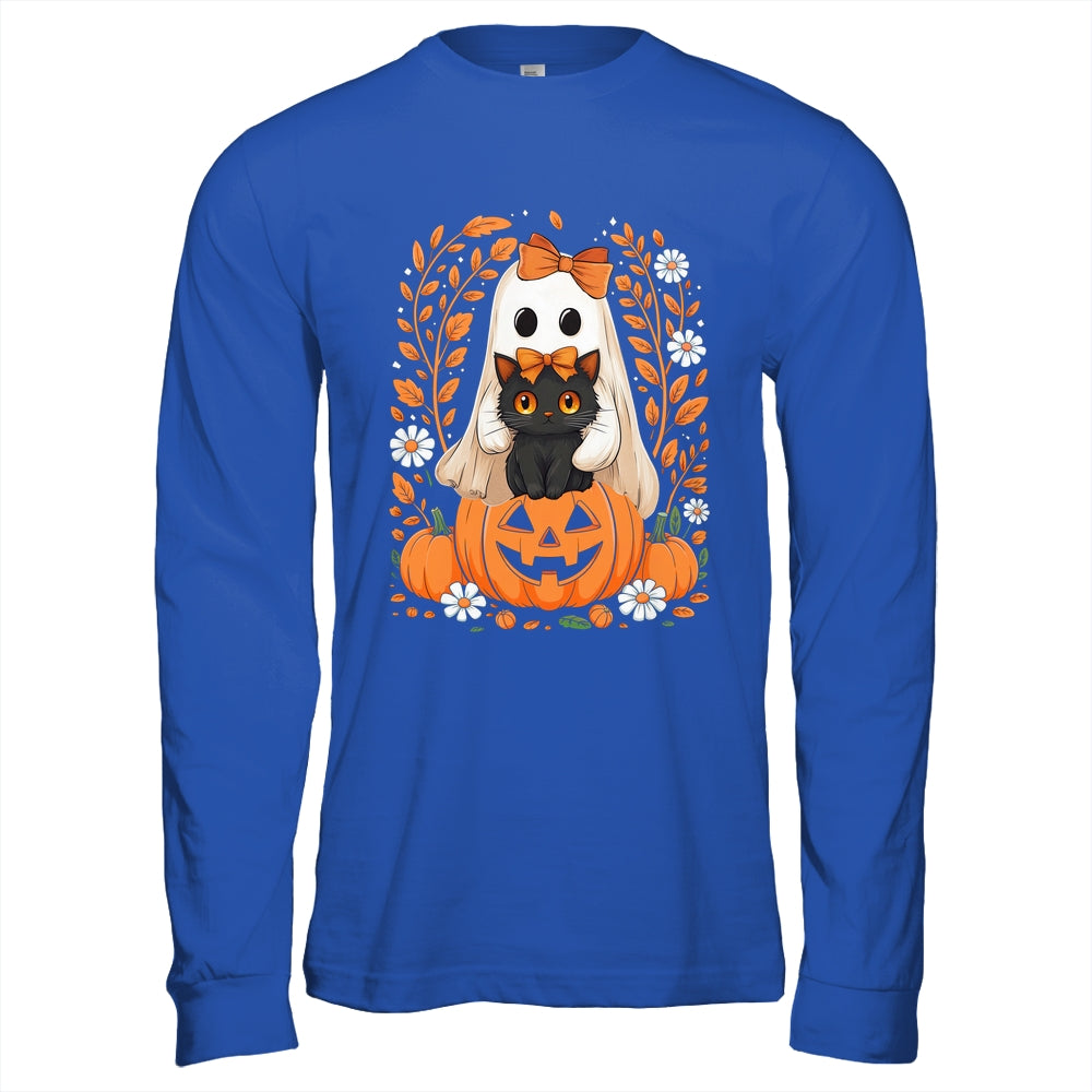 Vintage Halloween Ghost Holding Black Cat Groovy Floral Shirt & Hoodie | siriusteestore