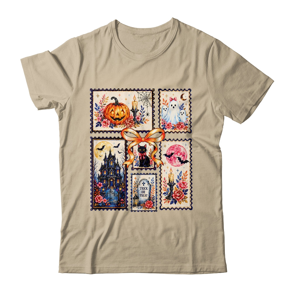 Vintage Halloween Stamp Pumpkin Ghost Black Cat House Floral Shirt & Hoodie | siriusteestore